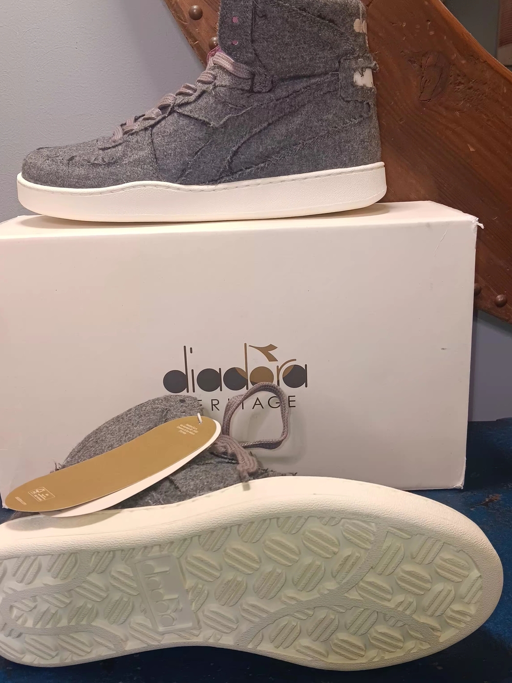 Diadora High-Top Wool Sneakers in Heather Gray with Blue Tongue - Picture 6 of 7